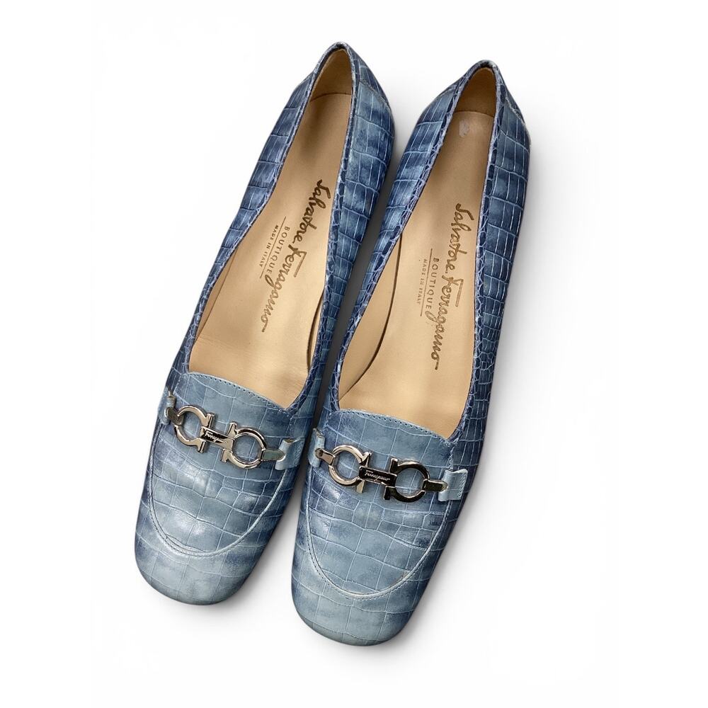 Salvatore Ferragamo Blue Croc-Embossed Leather Loafers with Silver Bit NARROW